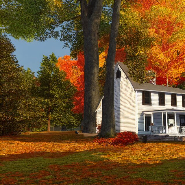 realistic wooden colonial new england house, maple tree in yard, large chimney, lights on inside, fall foliage, vermont mountain background, light cinematic, volumetric, realistic, cinematic lighting, ray tracing, unreal engine 5, octane render, hyper realistic, 8 k 