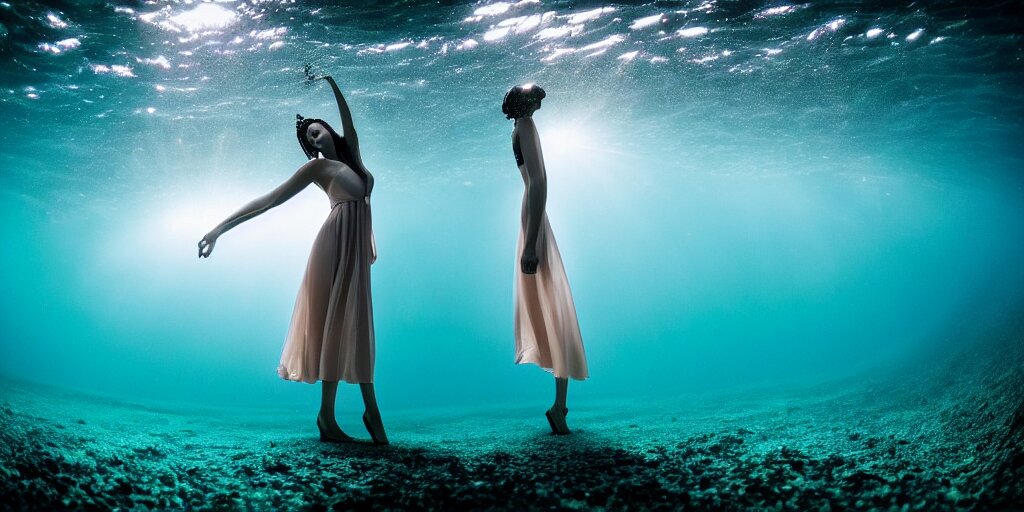 deep underwater photography of beautiful model in flat dress concert hall by emmanuel lubezki 