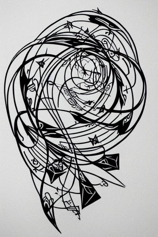 a beautiful tattoo design of minimalist flying swallows, flying into geometric spirals, black ink, abstract logo, line art 