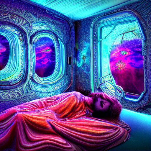 photorealistic sleeping in a trippy psychedelic world. hyperdetailed photorealism, 1 0 8 megapixels, amazing depth, high resolution, 3 d shading, 3 d finalrender, 3 d cinematic lighting, glowing rich colors, psychedelic overtones, artstation concept art. 