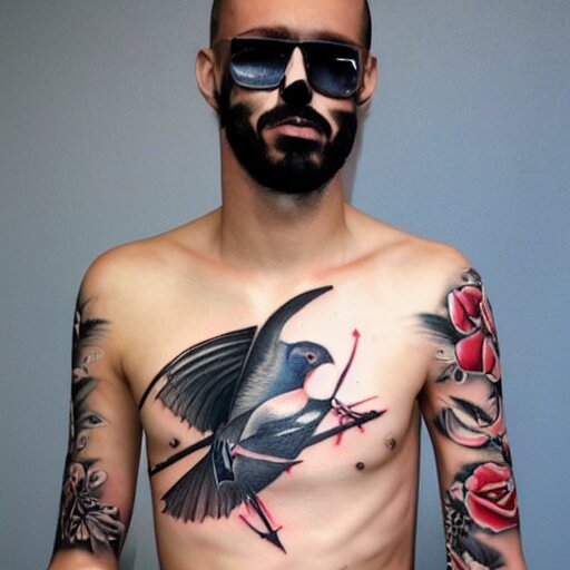 tatoo ink cyber a swallow with a black beard wearing an athletic bilbao shirt, high detailed 