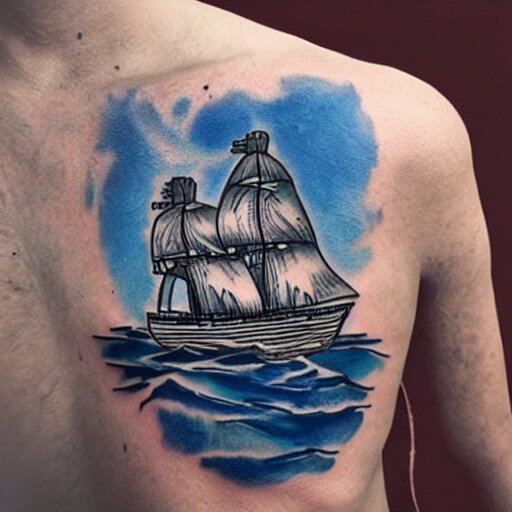 a pirate ship sailing in the sea, realism tattoo design with amazing shades, clean white paper background, in the style of david vega