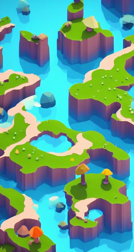 a cute little matte low poly isometric mushroom island, waterfalls, lat lighting, soft shadows, trending on artstation, 3d render, monument valley, fez video game,