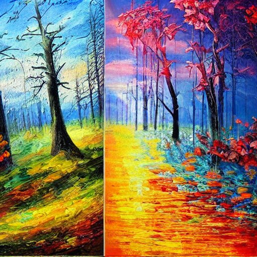 painting depicting all four season in one paintng, concept art, artstation, detailed, impressionism, oil on canvas, knife painting, messy, 