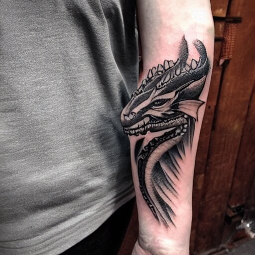 Tattoo of a dragon starting from the elbow, wrapping around the wrist in a downward spiral, emerald placed inside of the dragons mouth, forearm tattoo