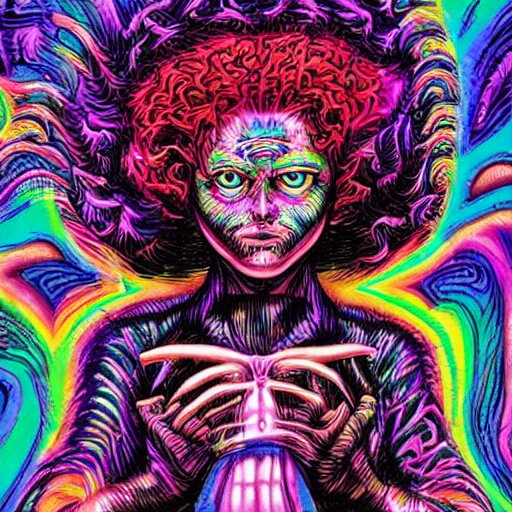 a psychedelic godlike humanoid, hyper detailed, in the style of rutkowski and junji ito and bob ross and lisa frank, selfie 