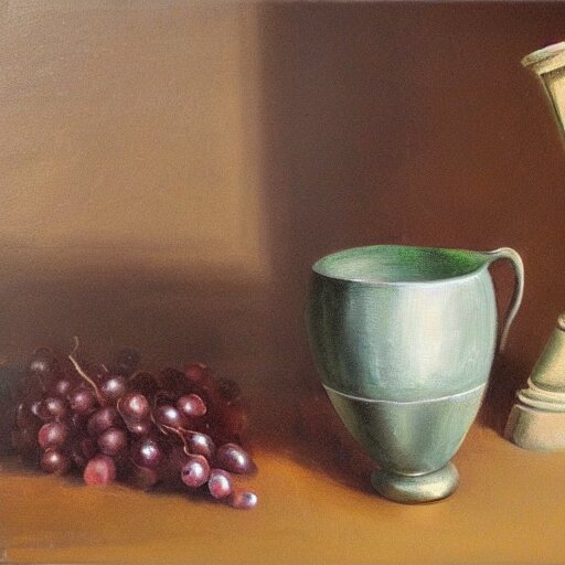 classic still life painting of a wine glass and pot