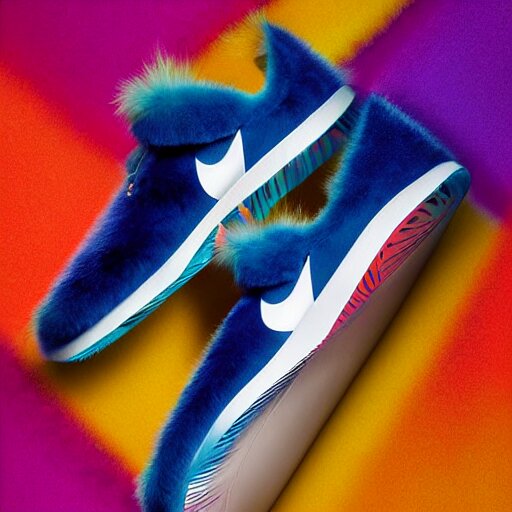 poster nike shoe made of very fluffy colorful faux fur placed on reflective surface, professional advertising, overhead lighting, heavy detail, realistic by nate vanhook, mark miner 