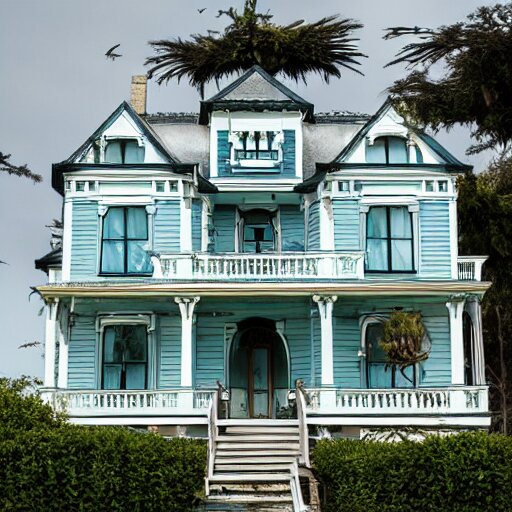 a victorian style 2 story house on top of a hill surrounded by an ocean full of sharks 