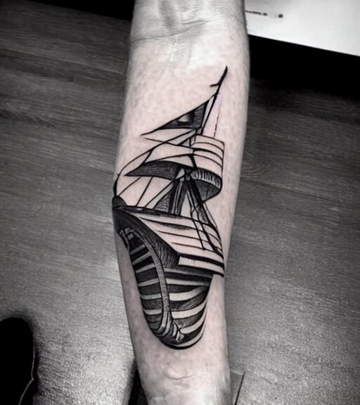 A realistic tattoo design sketch of a pirate ship, paper background, black and white tattoo, highly detailed tattoo, shaded tattoo, hyper-realistic tattoo