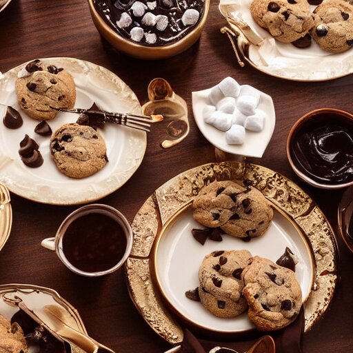 opulent banquet of plates of freshly baked chocolate chip cookies, delicious, glistening, chocolate sauce, marshmallows, highly detailed, food photography, art by rembrandt 