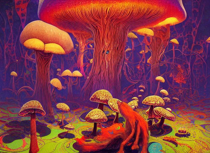 A psychedelic portrait of you are attacked by a group of crooked mushroom theurges , vibrant color scheme, highly detailed, in the style of romanticism, cinematic, artstation, Moebius, Greg rutkowski futurism, no blur, 4k resolution, sharp ages, ultra detailed, style of John Berkey, Norman Rockwell, Hans Thoma, Ivan Shishkin, Tyler Edlin, Thomas Kinkad