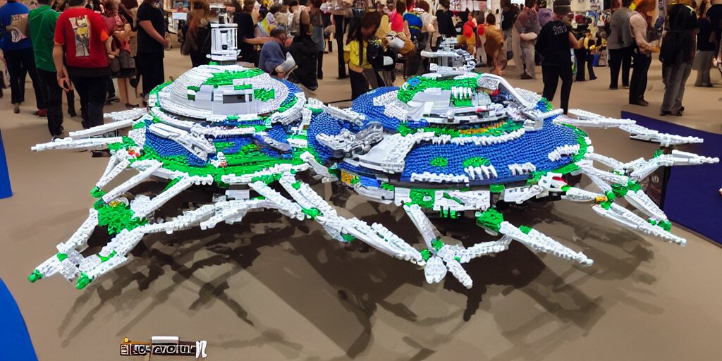 wide shot lens photo of a very intricately detailed and epically shaped 1. 2 5 m long alien lego mothership ufo kit designed by a master builder as displayed at a lego convention. 