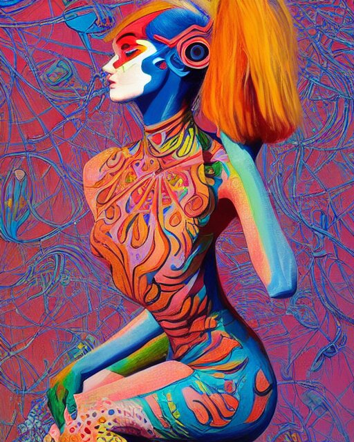 a beautiful girl wearing colourful face paint surrounded by bright intricate patterns, painted by edward hopper, wayne barlowe, painted by james gilleard, airbrush, art by jamesjean 