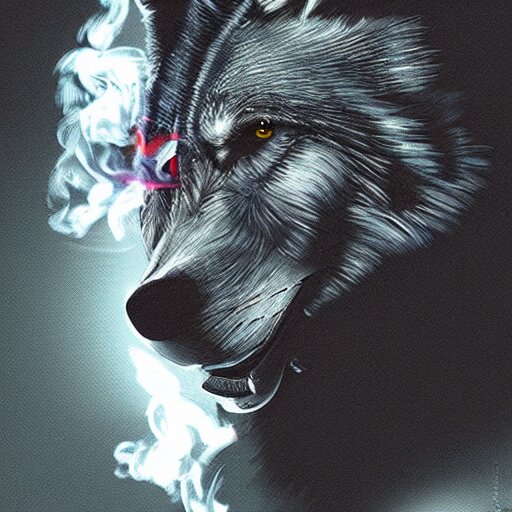 a robotic wolf smoking a cigarette vibrant lighting, elegant, highly detailed, smooth, sharp focus, illustration, beautiful, geometric, trending on artstation, full body, cinematic, artwork by borovikovsky 