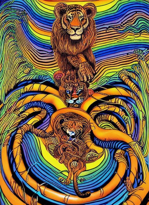 lions and tiger and bears dissolving into melted liquid braids, cubensis, aztec, basil wolverton, r crumb, hr giger, mc escher, dali, muted but vibrant colors, rainbow tubing, ribbons and folds 