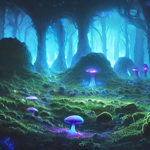 concept art painting of a fantasy alien fungal landscape at night, with glowing blue lights, glowing blue mushrooms, dark purple sky, realistic, detailed, cel shaded, in the style of makoto shinkai and greg rutkowski and albert bierstadt and james gurney 