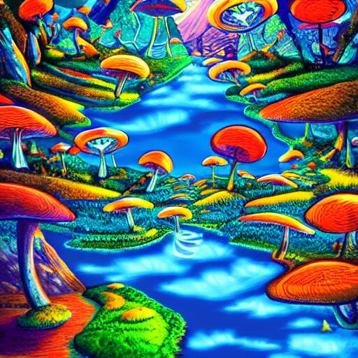 psychedelic mushroom kingdom, dmt, landscape, river, trending on artstation, detailed, realistic, photo