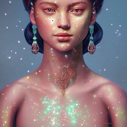 a beautiful portrait of a diamond goddess with glittering skin, a detailed painting by greg rutkowski and raymond swanland, behance contest winner, photorealism, behance hd, daz 3 d, zbrush 