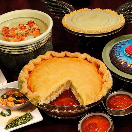 an lavish alien buffet with the following dishes : gul dukat torte, barbecued machine elf, buffalo angel's wings, mesculine coral, nutrino goulash, and tesseract pot pie 