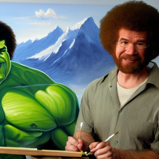 a closeup photorealistic photograph of bob ross working on a canvas painting of hulk. film still. brightly lit scene. mountains and trees. this 4 k hd image is trending on artstation, featured on behance, well - rendered, extra crisp, features intricate detail, epic composition and the style of unreal engine. 