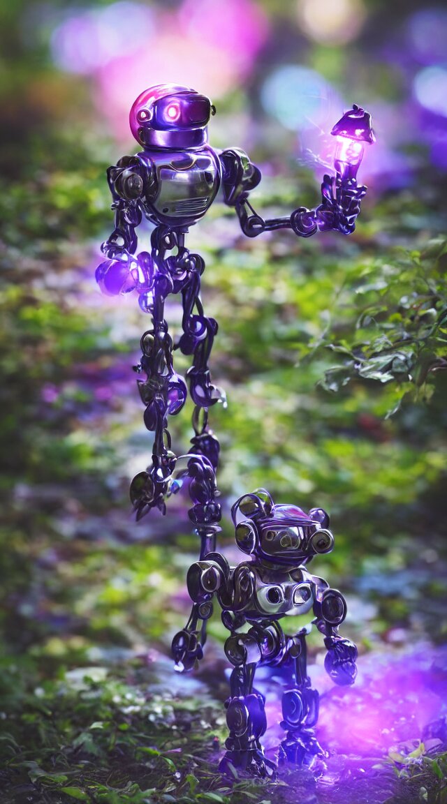small toy robot in a garden, hyper detailed, sharp focus, bokeh, unreal engine, ray tracing, cute, fantasy, sci fi, purple lights, tiny, small 