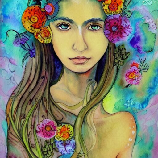 a painting of a woman with flowers in her hair, a watercolor painting by alice mason, deviantart, psychedelic art, deviantart, detailed painting, watercolor 