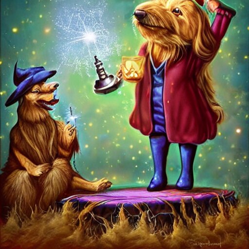 wizard dog as magic wizard casting spell surreal art