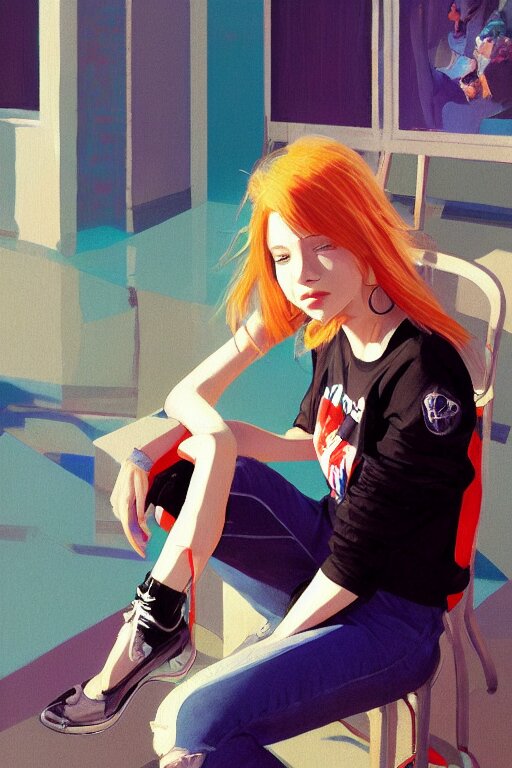 A ultradetailed beautiful panting of a stylish woman looking at the camera, she is wearing streetwear, she is sitting on a chair, bright sunny day, Oil painting, by Ilya Kuvshinov, Greg Rutkowski and Makoto Shinkai