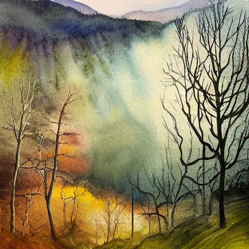 a beautiful watercolor painting of an epic appalachian wilderness at dawn by georgia o'keeffe, wide angle shot, godrays, mystical, deep shadows, epic scale 