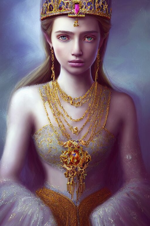 beautiful very detailed portrait of a young princess with lots of jewelry in the face, full body, in the background there is a minimalistic palace, digital art , dramatic cinematic lighting rendered by octane, 8k, detailed, intricate, clean and textures, trending on artstation, treanding on deviantart, trending on cgsociety, pinterest, by Lauren Brevner