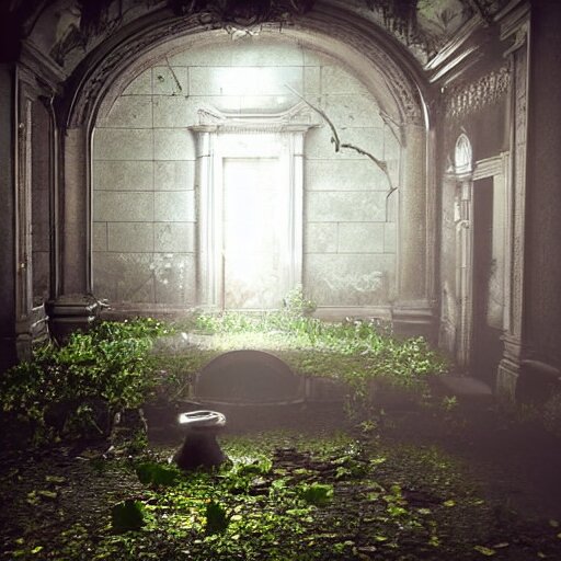 abandoned garden inside a dark mansion, fountain, dead flowers, realistic, highly detailed, background of resident evil game 