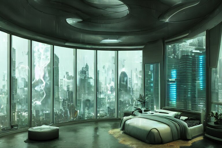 a futuristic bedroom with large curved ceiling high windows looking out to a far future cyberpunk cityscape, cyberpunk neon lights, raining, scifi