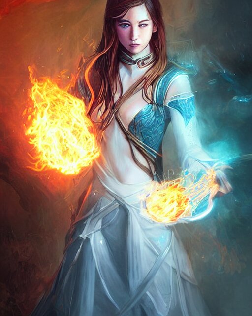 digital art by wlop and artgerm in the style of throne of glass book covers illustrations, a young adult female magician with fireballs in hand and a blue magic lighting aurea overlay 