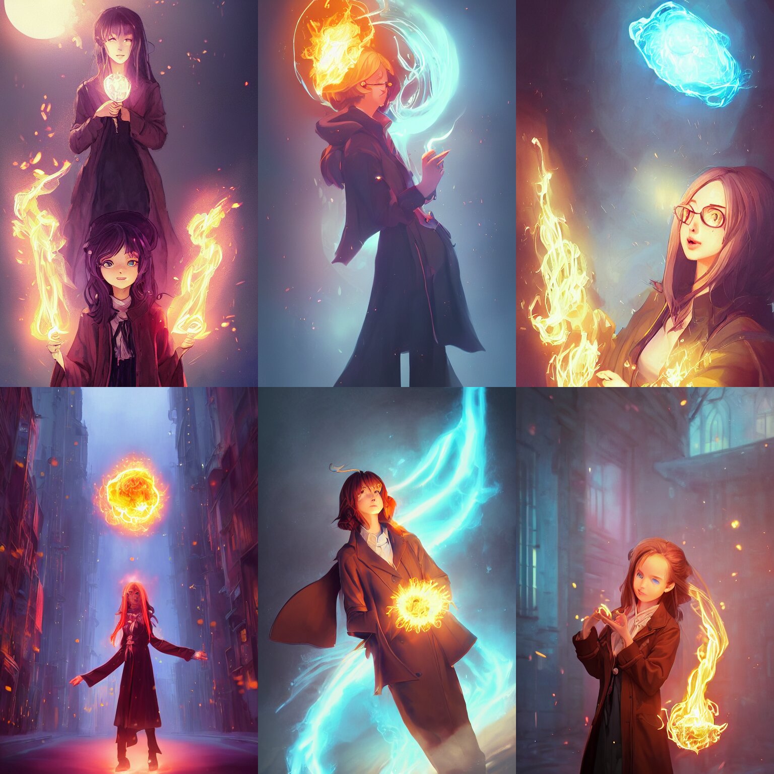 a portrait of a cute female wizard wearing a flowing very stylish trenchcoat, holding a glowing fireball in her hand, fireball lighting her face from below, urban fantasy setting, vivid colors, warm lighting, atmospheric, cinematic, moody, in the style of Ilya Kuvshinov and Range Murata, Krenz Cushart, rule of thirds, oil on canvas, 8k