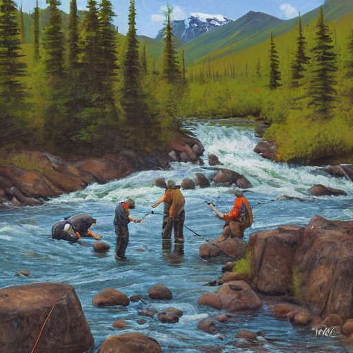 tardigrade fishing for salmon at Brooks Falls in Alaska, landscape painting by Moran and George Caitlin