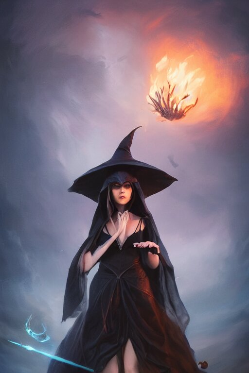 a beautiful dark magician girl with a large witches hat that covers her face by Greg Rutkowski, Sung Choi, Mitchell Mohrhauser, Maciej Kuciara, Johnson Ting, Maxim Verehin, Peter Konig, final fantasy , mythical, 8k photorealistic, cinematic lighting, HD, high details, atmospheric,