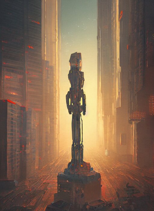 a painting of a giant robot standing in front of a city, cyberpunk art by mike winkelmann, behance contest winner, nuclear art, dystopian art, apocalypse art, sci - fi 