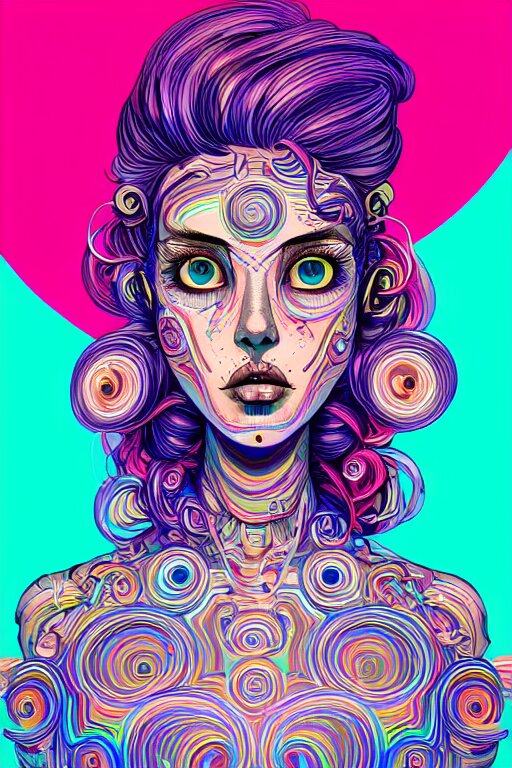 a award winning portrait of a beautiful woman with stunning eyes in a one off shoulder croptop and cargo pants with rainbow colored hair, outlined by whirling illuminated neon lines and fine lines swirling in circles by joe fenton, digital art, trending on artstation 