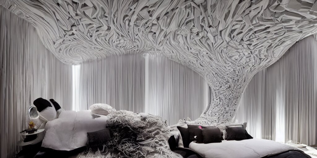 a cozy bedroom decorated by Zaha Hadid, detailed, high resolution, wow!, intricate