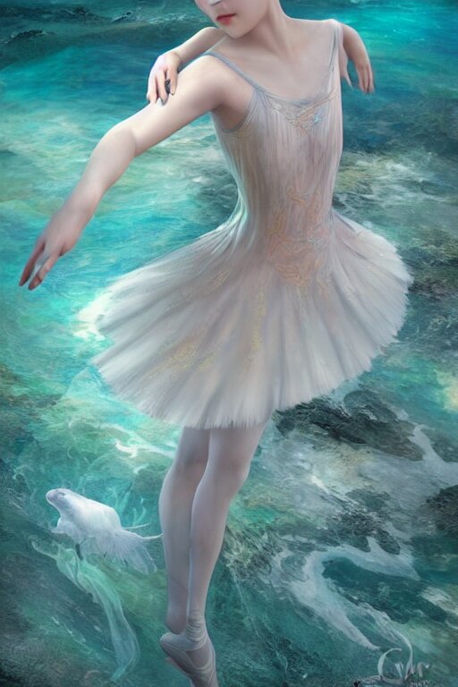 stunningly beautiful, asian prima ballerina at the bottom of the great barrier reef, smooth, focus, highly detailed, hyper realistic, dramatic lighting, intricate, concept art, art by wlop, mars ravelo 