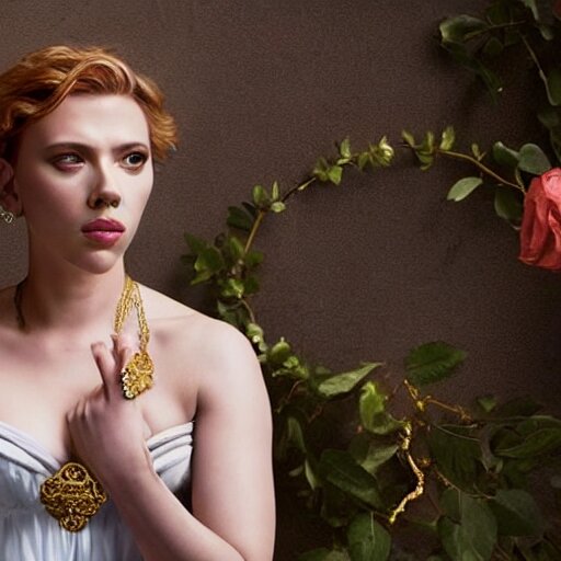 scarlett johansson dressed as a greek goddess in front of a ring of sapphire rose ring, ornate gold border, vignette, warm tri - color, subtle chromatic aberration, painted by francis goya 