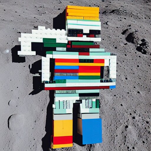 squared head rooster building a man made of legos on the moon 