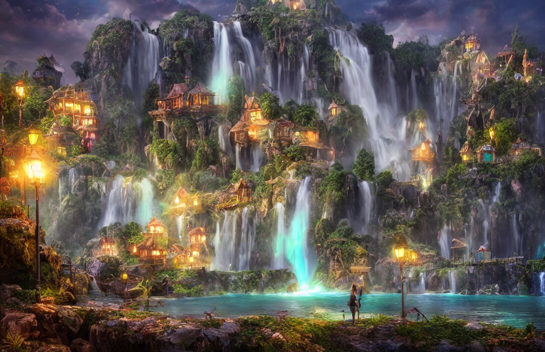 magical fantasy town, background : giant bioluminscent waterfall, quaint vibes, epic fantasy, ultra hd render + 4 k uhd + immense detail + very crisp and clear image 