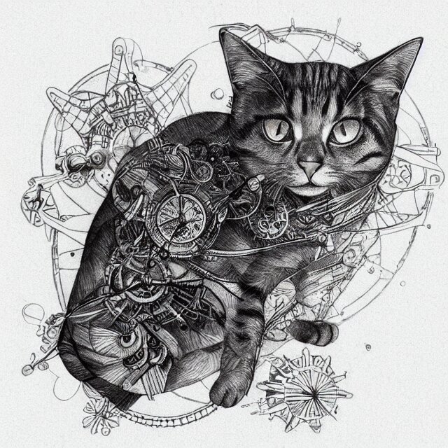 tattoo sketch of a cat hugging the sun, on a canva, steampunk style, ornamental, line art, minimalism, industrial sci - fi, by mandy jurgens, ernst haeckel, james jean 