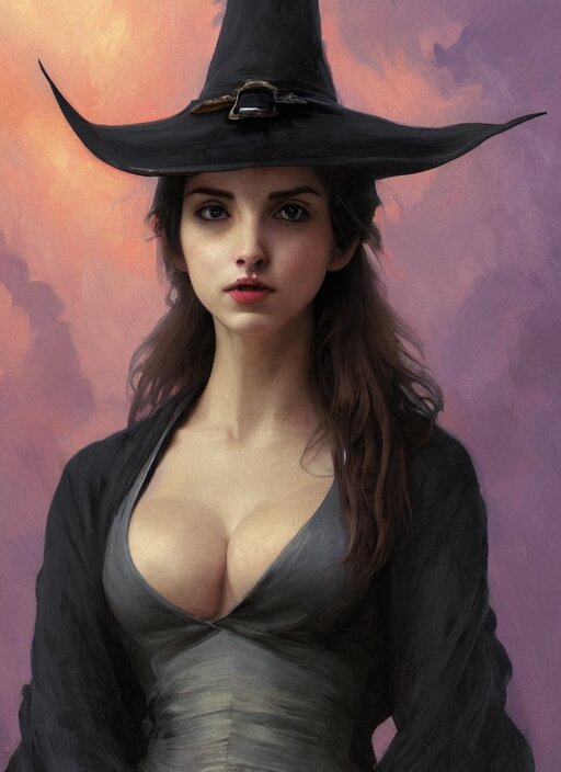 character concept portrait of anna de armas as a witch with a big black pointy hat casting a spell, a floating burning love potion in the center, intricate, elegant, digital painting, concept art, smooth, sharp focus, illustration, from Metal Gear, by Ruan Jia and Mandy Jurgens and William-Adolphe Bouguereau, Artgerm