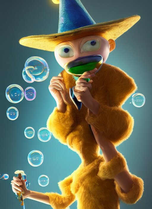 an anthropomorphic beautiful male wizard blowing giant bubbles wearing blue robe, fine art, award winning, intricate, elegant, sharp focus, octane render, hyperrealistic, wizard hat cinematic lighting, highly detailed, digital painting, 8 k concept art, art by jamie hewlett and z. w. gu, masterpiece, trending on artstation, 8 k 