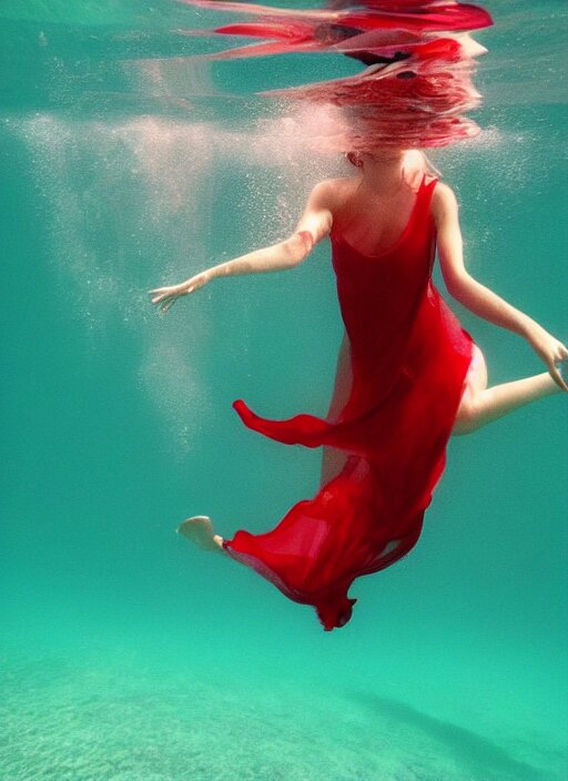 girl in a long dress swimming underwater, caustics, surreal underwater photography