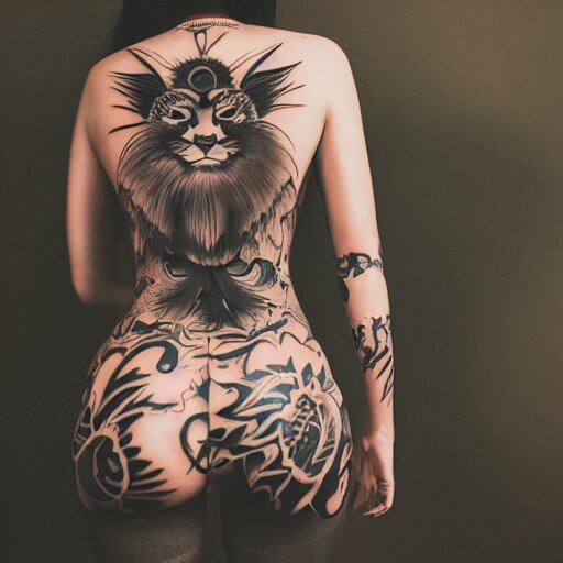 photography of the back of a woman with a black detailed irezumi tatto representing a cute caracal on her entire back, dark hangar background, mid-shot, editorial photography