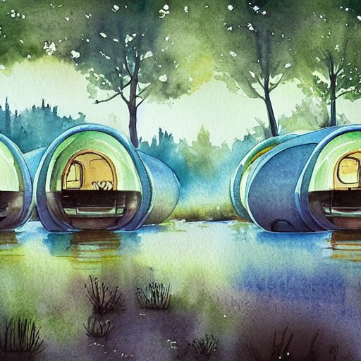 beautiful happy picturesque charming organic sci - fi town with pod homes integrated in a forest area. water and trees. beautiful light. soft colour scheme. beautiful artistic detailed watercolor by lurid. ( 2 0 2 2 ) 